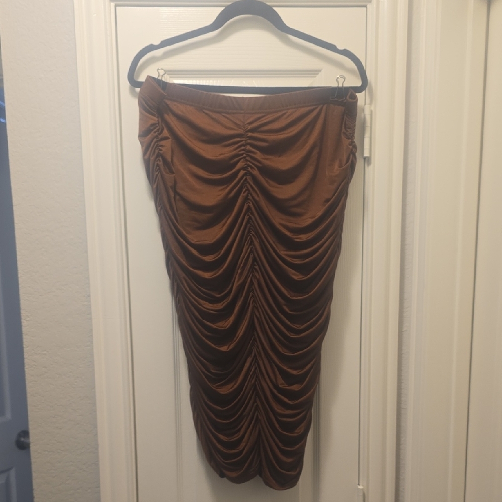 SHEIN Brown Ruched Midi Skirt for Night Out